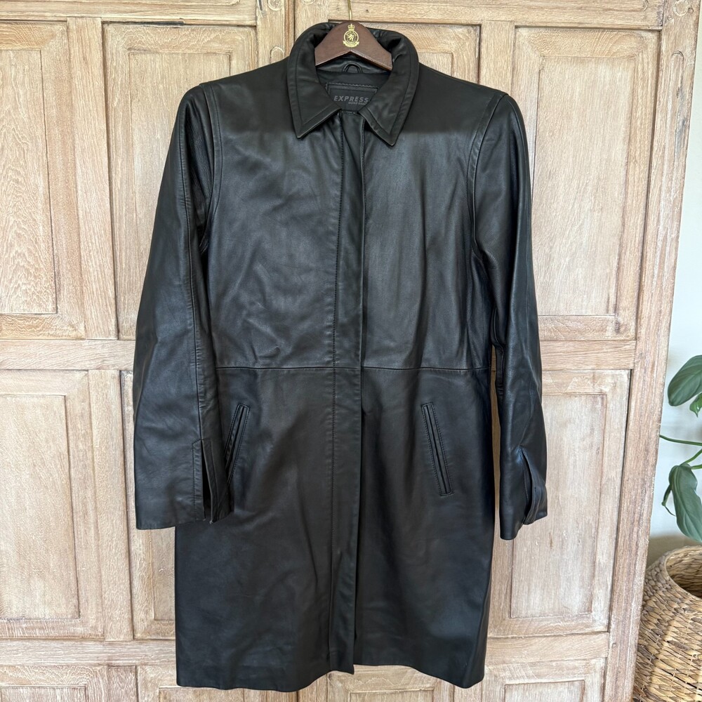Vintage Express Genuine Leather Long Coat Black 11/12 Y2K Minimalist Clean Girl